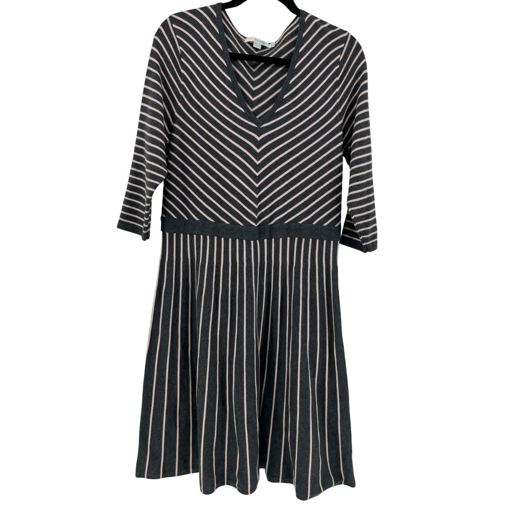 Boden Stripe Knit V Neck Midi Dress 14 r Gray Pink Chevron Fit & Flare Lucinda